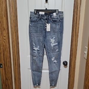 Judy Bkue Buttonfly High Waist Women's Distressed Blue Jeans